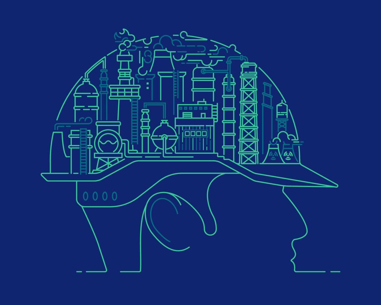 concept of industry 4.0 or industrial technology, graphic of engineer cap combined with factory vector
