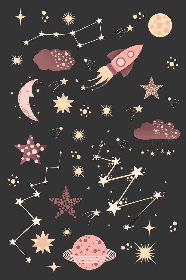Space pattern for kids, children. Cosmos background gift paper. Galaxy, universe wallpaper vector