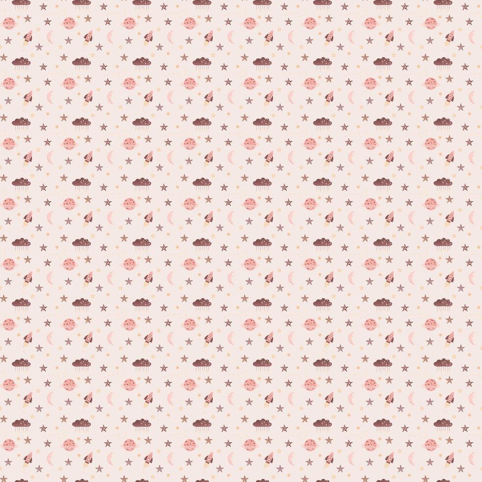 Wallpaper space seamless pattern for kids, children. Galaxy background with rocket, planet, star vector