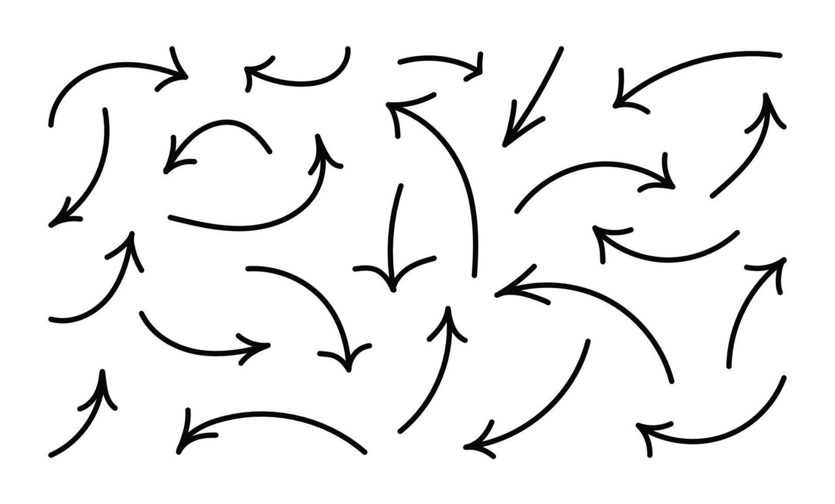 Hand drawn simple arrows with editable stroke. Doodle directions on white background. Different shaped lines. Outline flat design vector