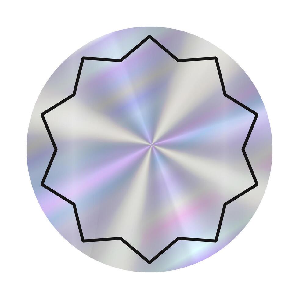 Star shaped design in circle with metallic finish, displaying iridescent colors that change in response to light. Hologram empty sticker vector