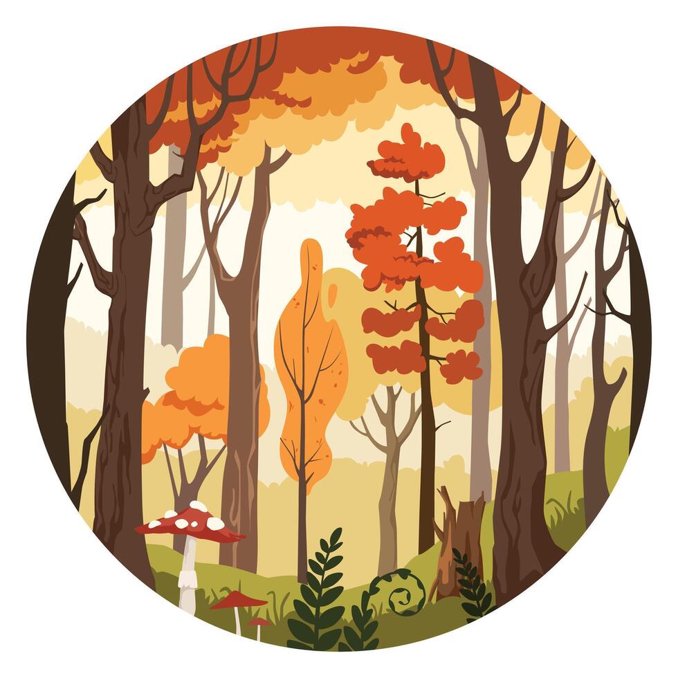 Autumn forest landscape illustration in a round frame border - various trees, bushes, yellow leaves, mushrooms. Detailed autumn forest cartoon illustration vector