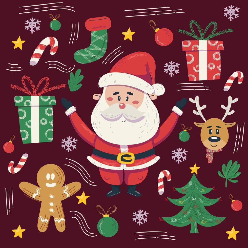 Christmas elements collection, Christmas collection with various icons, Santa Claus, reindeer, gingerbread man, sock, tree, gifts and snowflakes vector