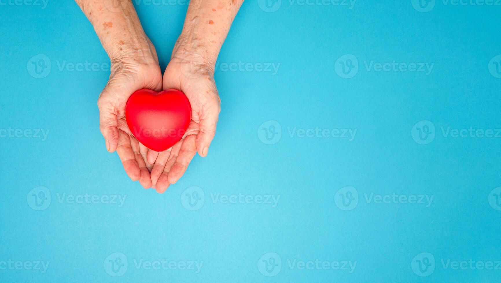 Top view of a red heart on the palm senior woman over a light blue background photo