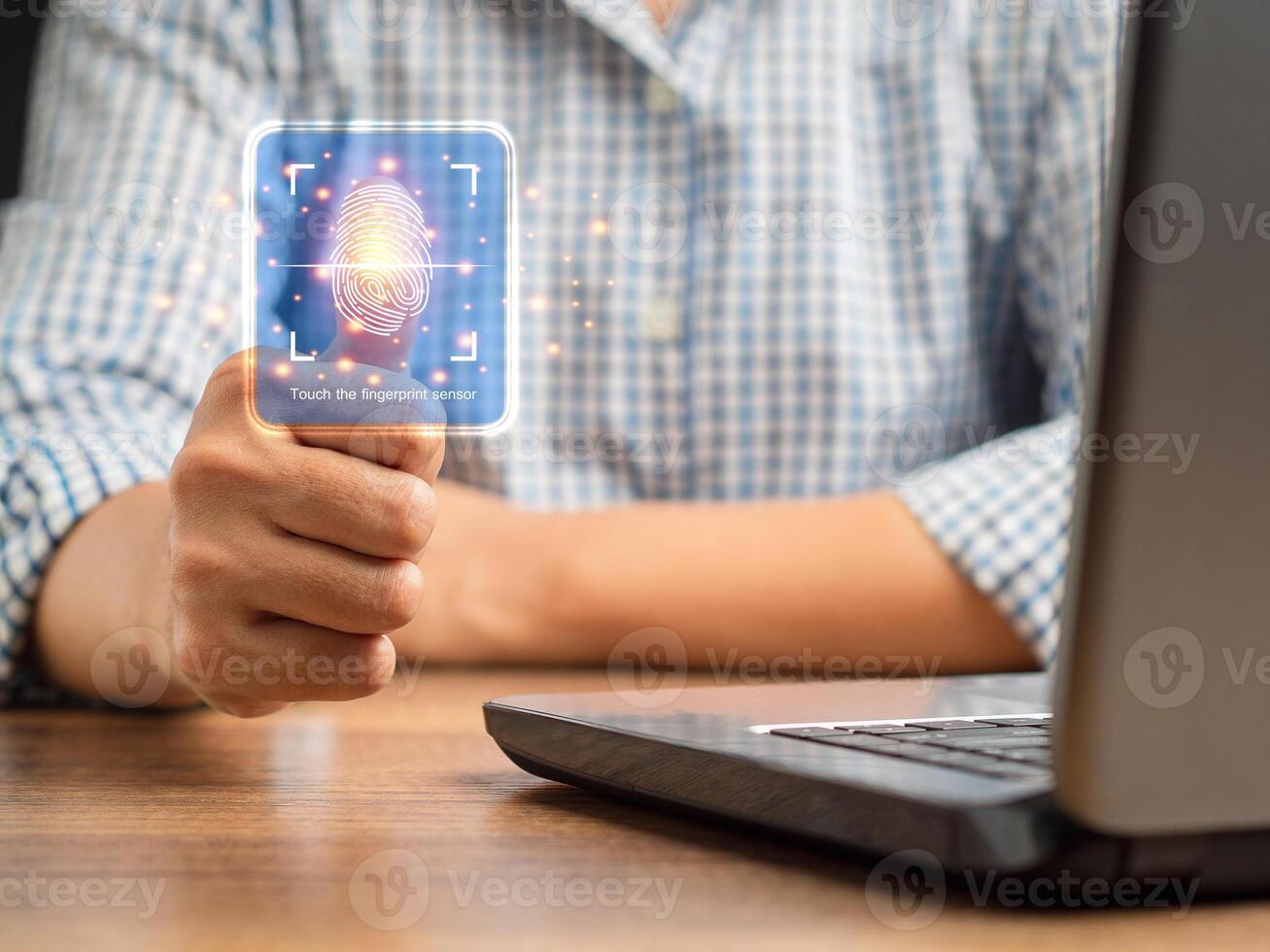 Technology fingerprint scan provides security. Cloud computing system photo