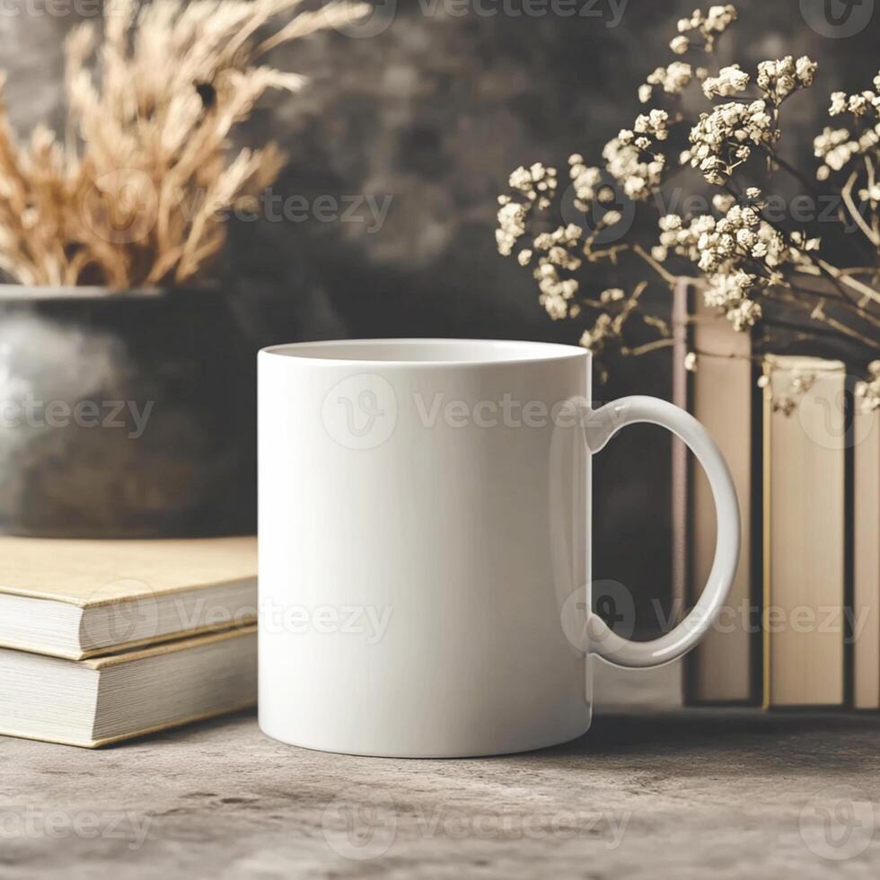 A white mug and books on a table photo