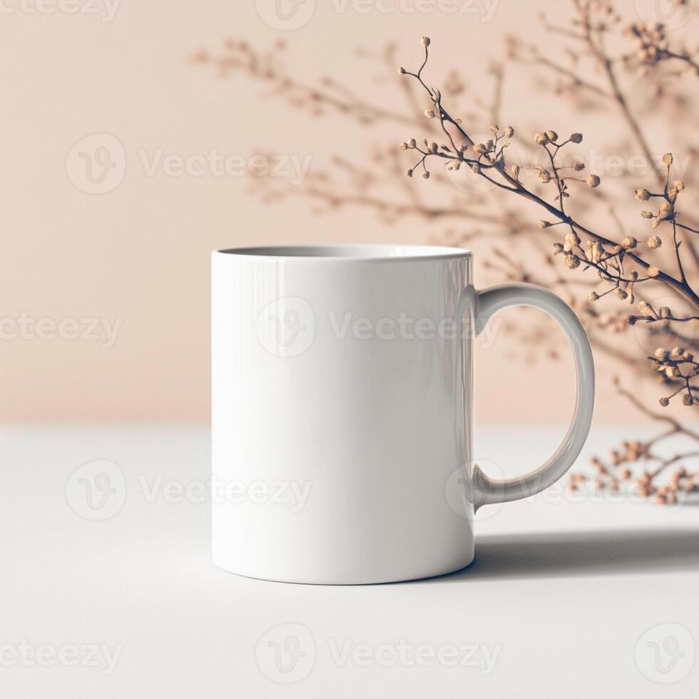 White mug mockup on a table with a branch photo