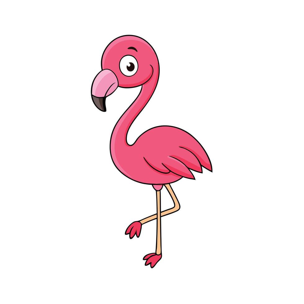 a cartoon flamingo standing on one leg white background vector