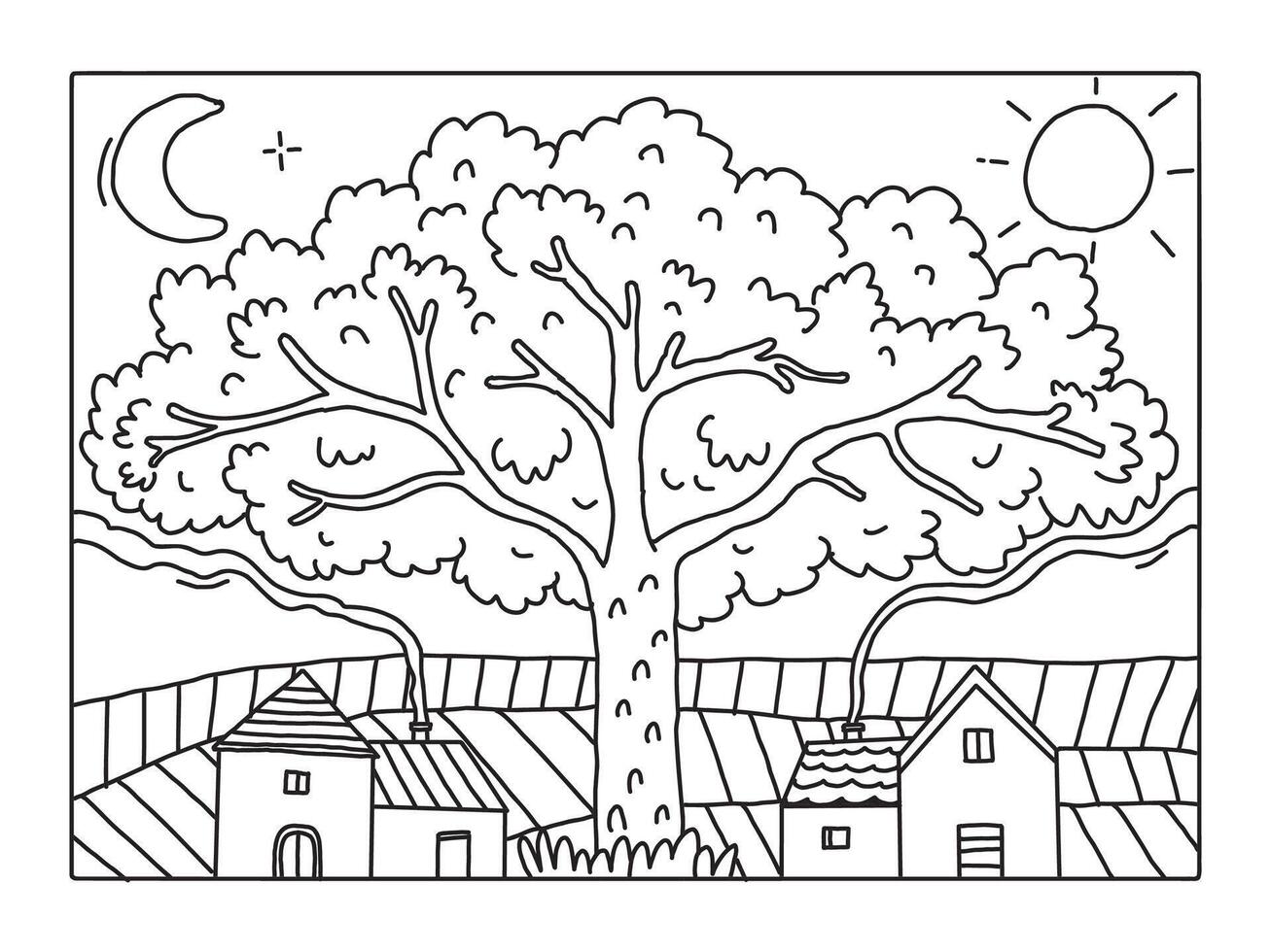 illustration of a peaceful village with a large tree in the middle of the settlement vector
