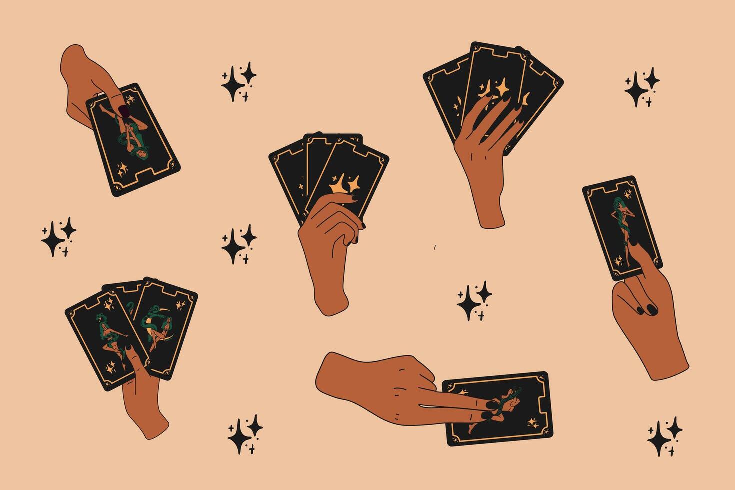 A set of hands holding tarot cards with different symbols vector
