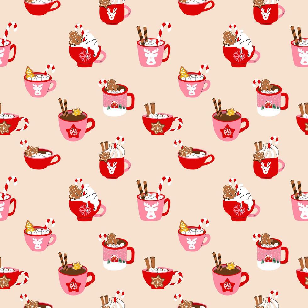 Seamless pattern with cute holiday mugs with a flat cartoon style, featuring a Christmas hot drink vector