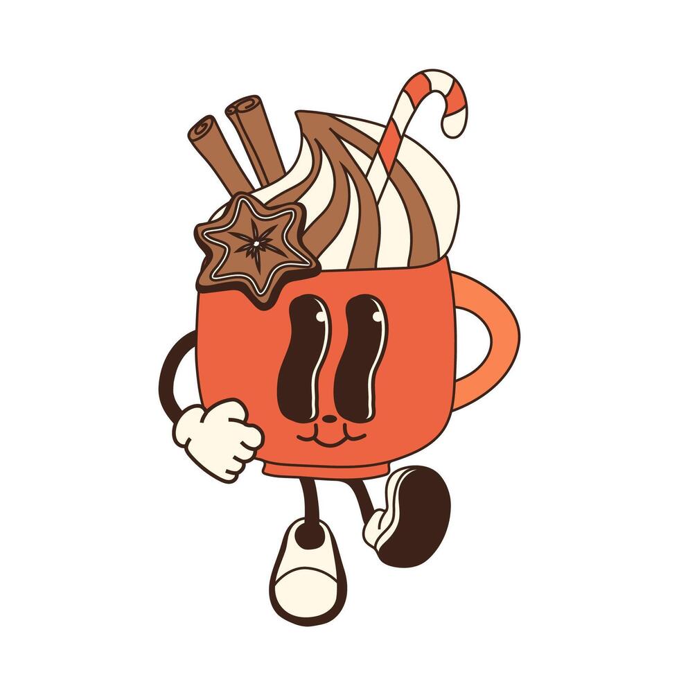 A retro cartoon cup of hot chocolate with marshmallows and a candy cane, designed as a Christmas mascot character vector