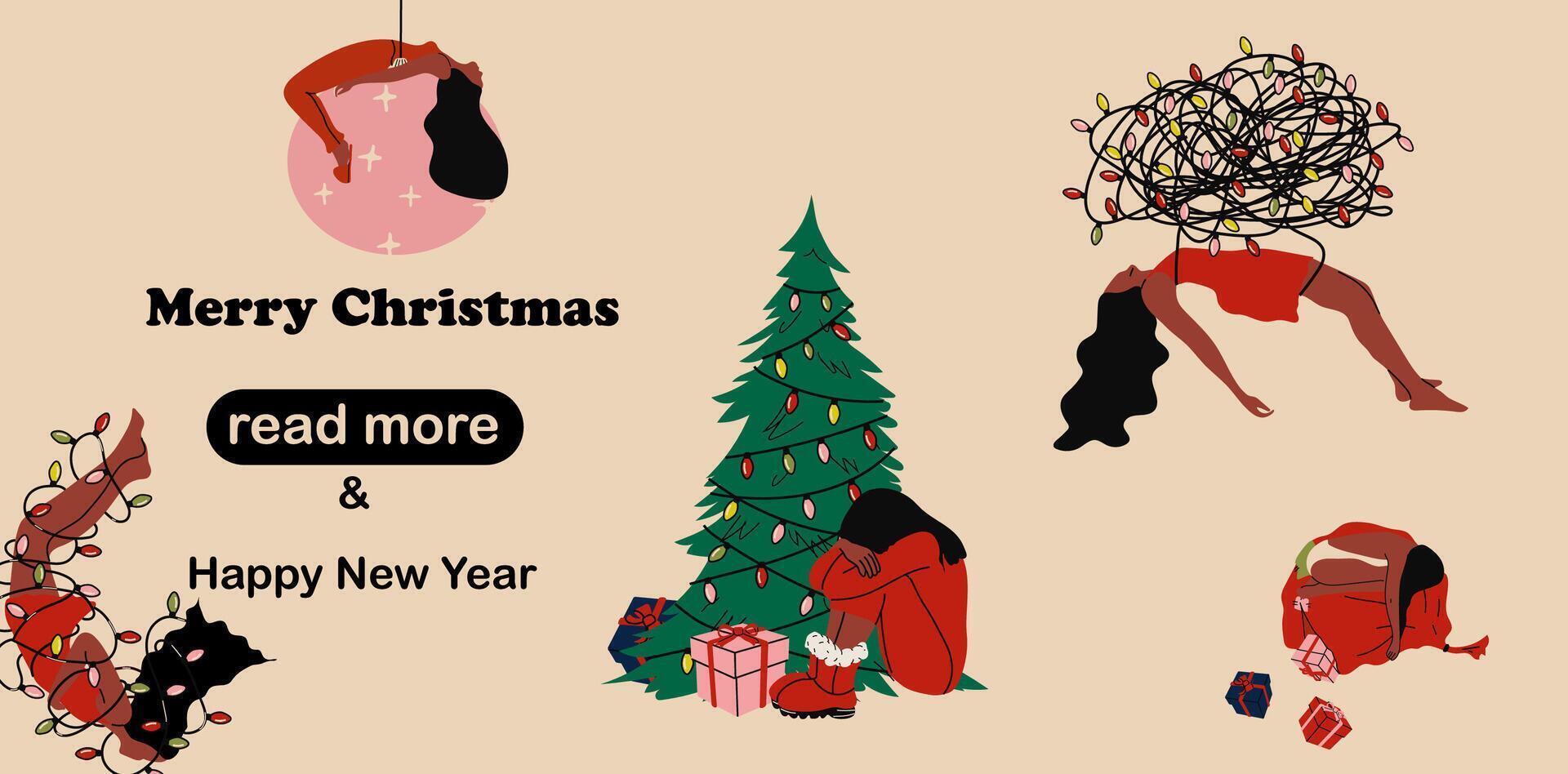 Web page design template. Person experiences sadness and unhappiness during the Christmas holidays. Psychology concept vector