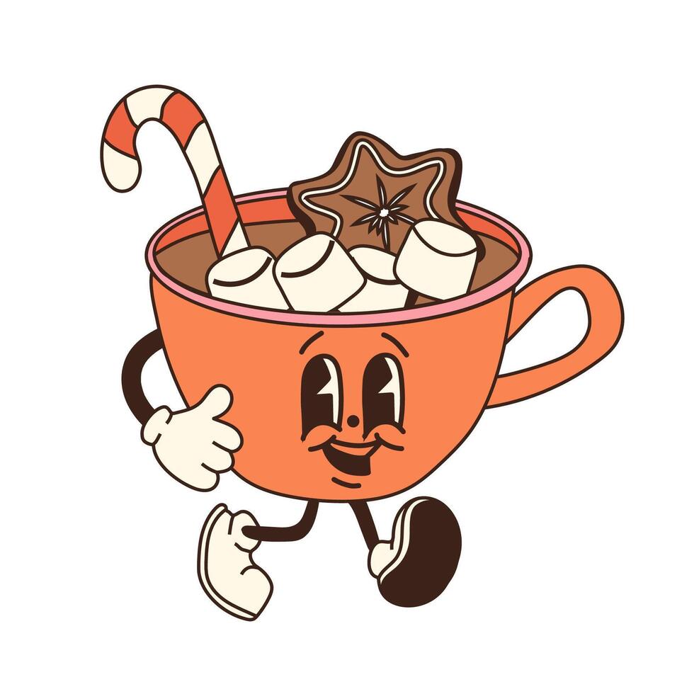 A retro cartoon cup of hot chocolate with marshmallows and a candy cane, designed as a Christmas mascot character vector