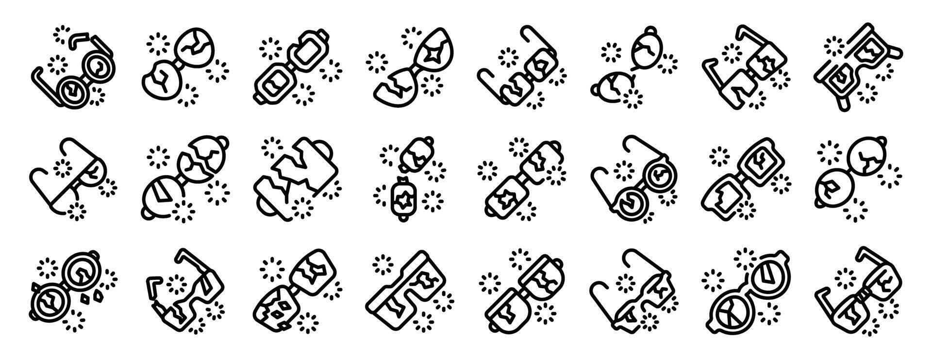 Broken glasses icon set. Broken glasses and fireworks celebrating new year eve icon set vector