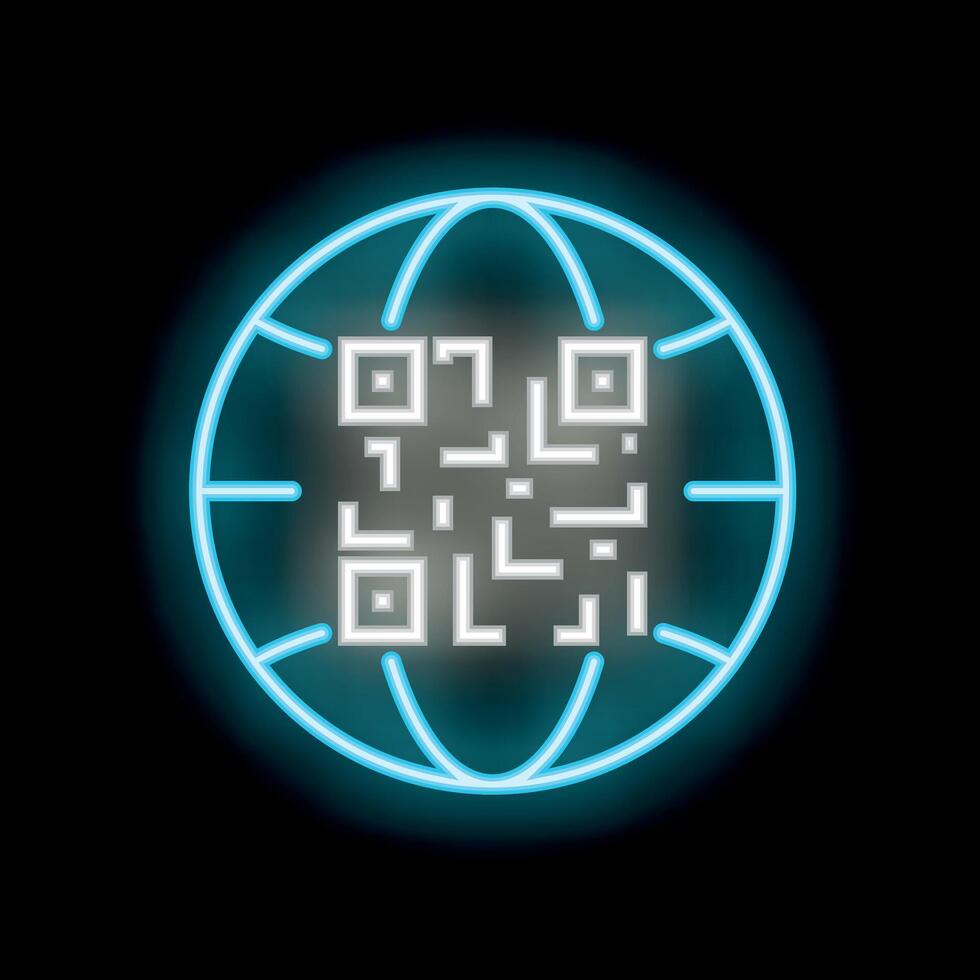 Blue neon qr code inside planet earth icon on black background vector