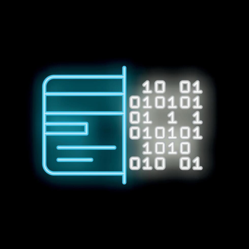 Neon icon of credit card being transforming into binary code vector
