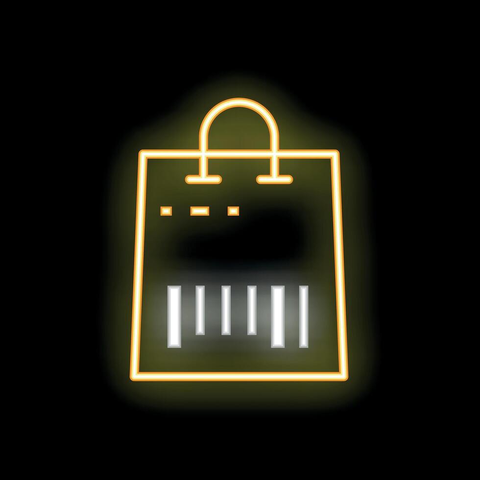 Neon sign of shopping bag with barcode glowing on black background vector