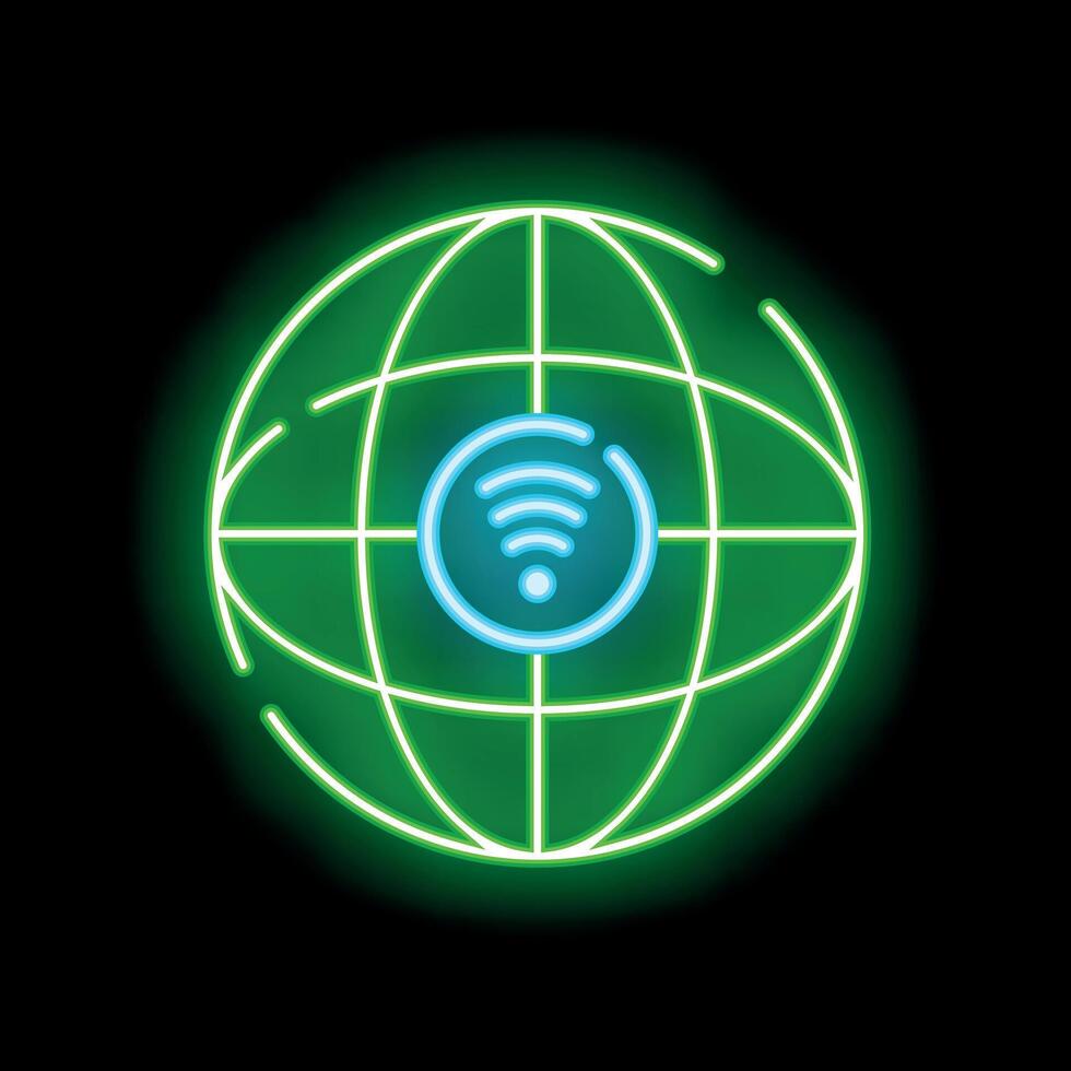 Neon green glowing globe with wifi symbol representing global internet network coverage vector