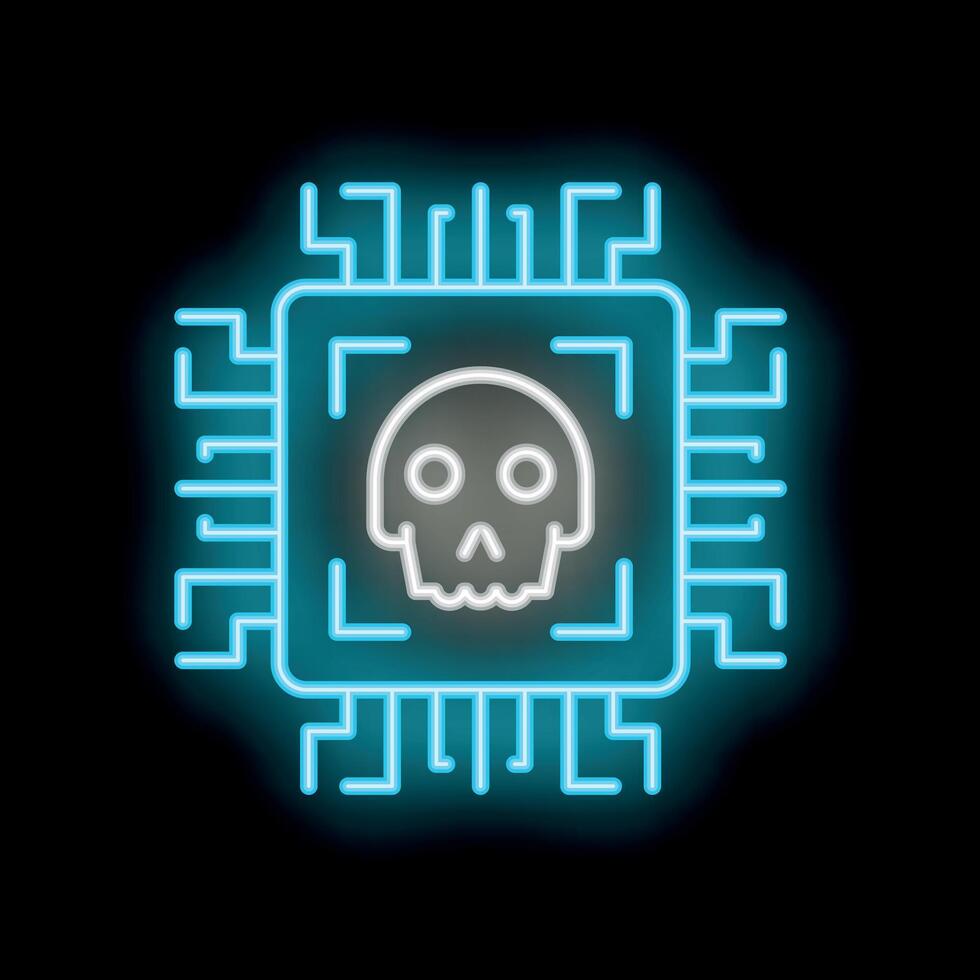 Neon blue processor icon with skull warning of cyber danger vector