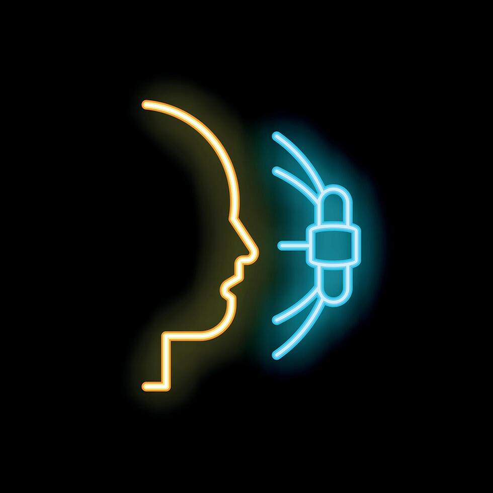 Neon icon of human head receiving digital data through neural interface vector