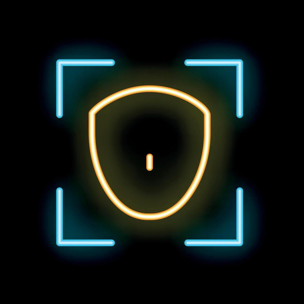 Neon shield icon glowing inside viewfinder frame vector