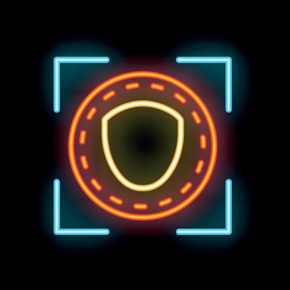 Neon sign representing secure transaction with shield inside frame vector