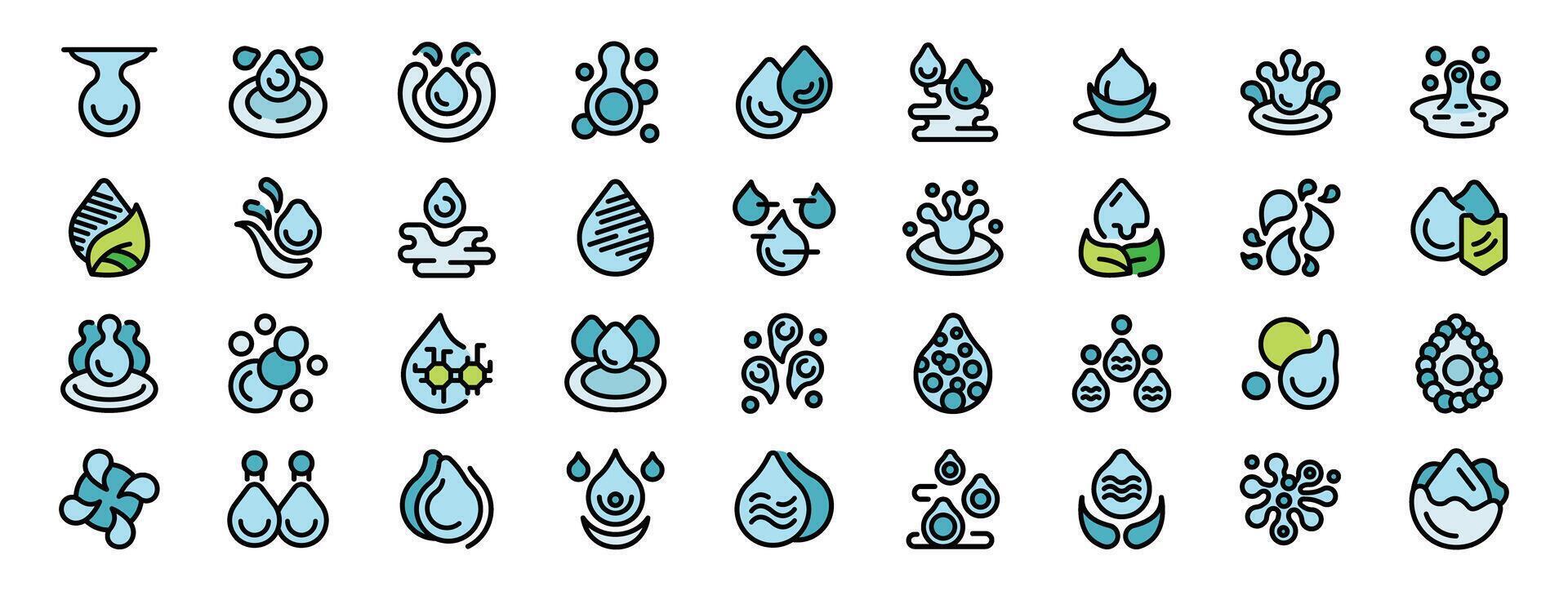 Water drop icons showing flowing, splashing, dripping, and purity concepts vector