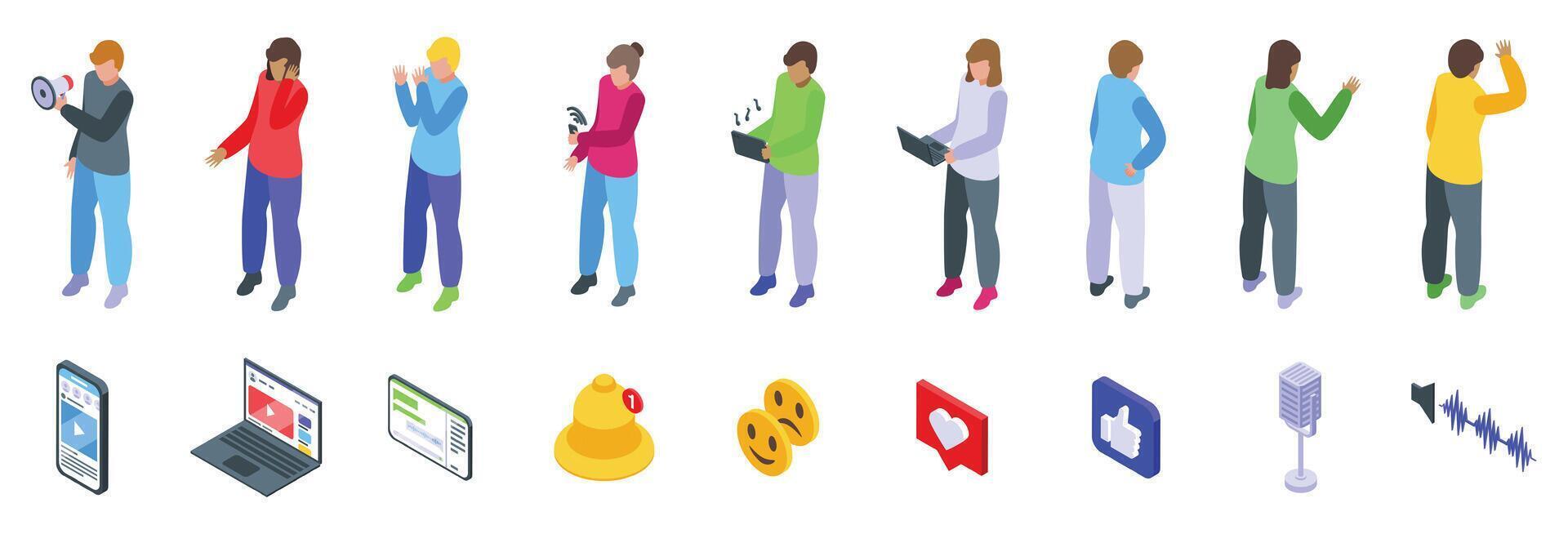 Listen social media icon set. People sharing content, giving feedback, and using social media icons in isometric view vector