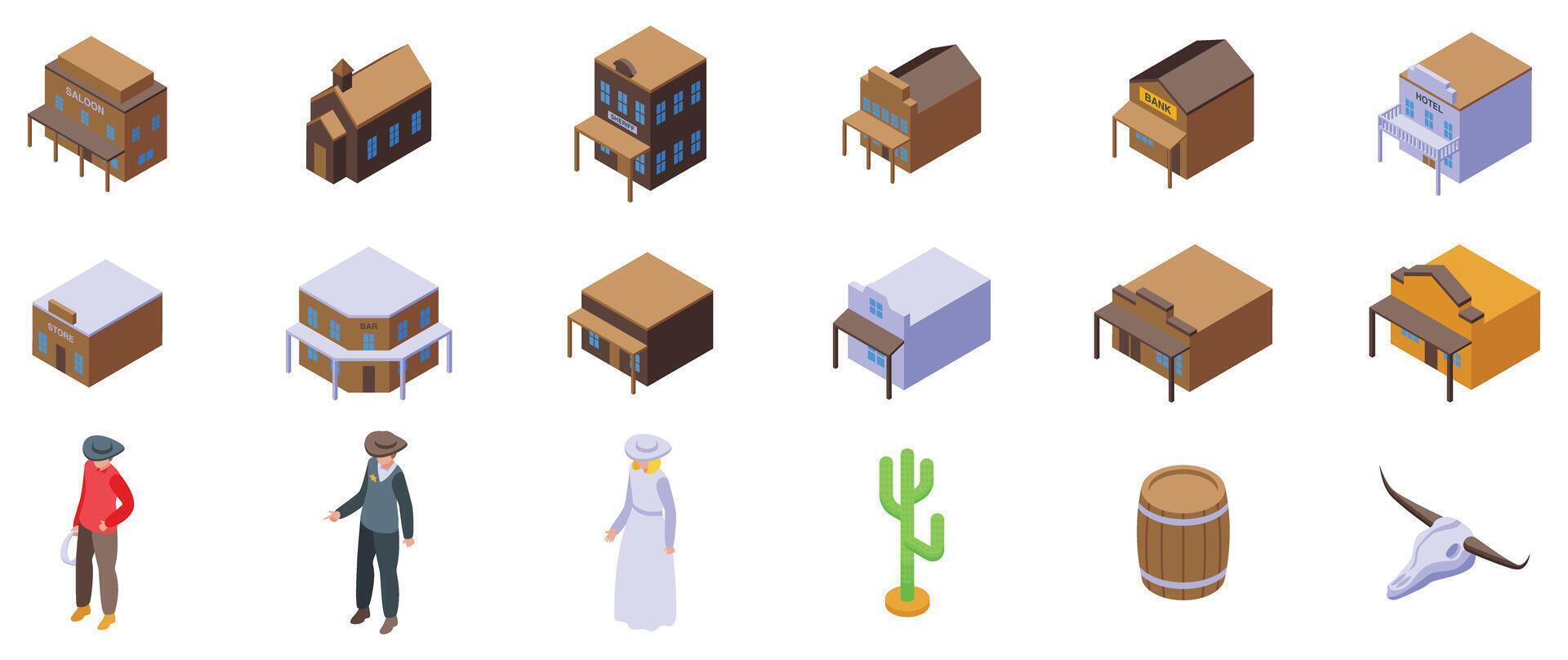 Western city buildings icon set. Western saloon, bank, and hotel buildings with cowboy, cowgirl, cactus and bull skull icons vector
