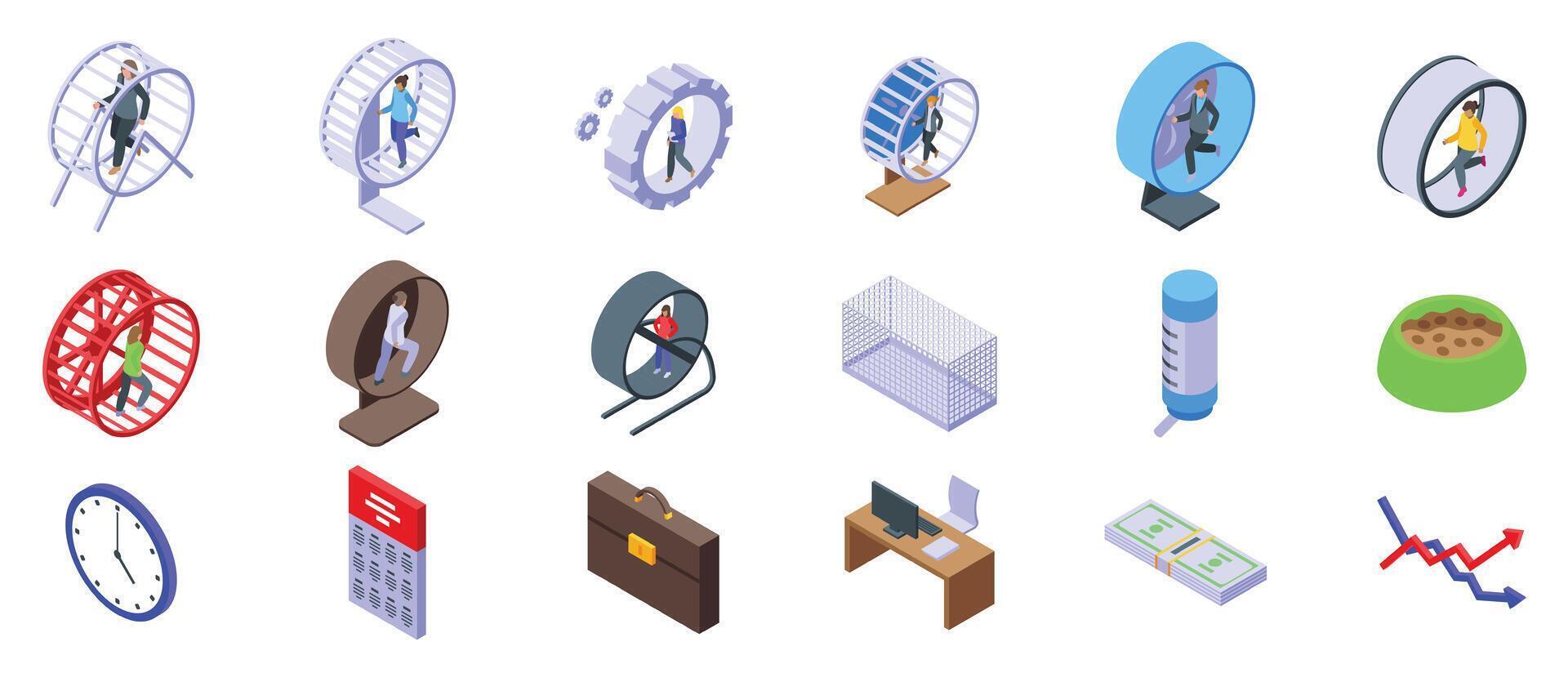 Woman running hamster wheel icon set. Businessman running in hamster wheel representing corporate rat race and routine work vector