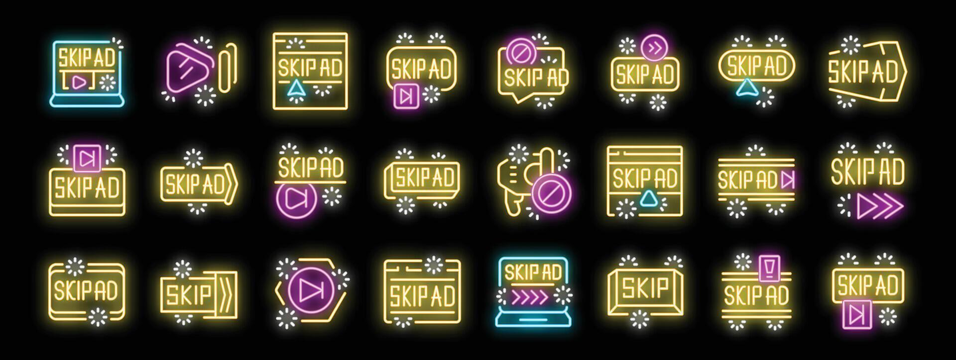 Neon icons representing skip ad feature for seamless viewing experience vector