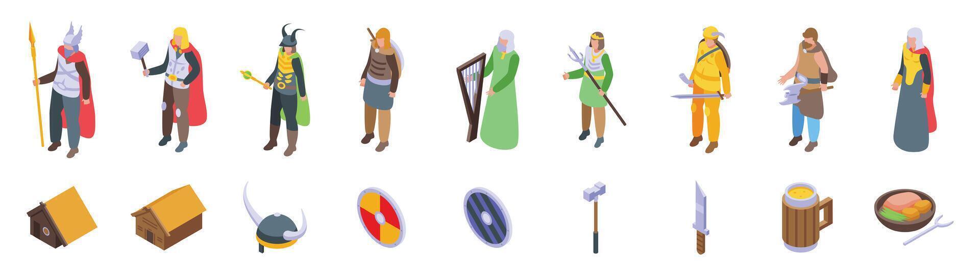 Scandinavian mythology icon set. Viking culture icons showing warriors, musicians, and traditional elements vector