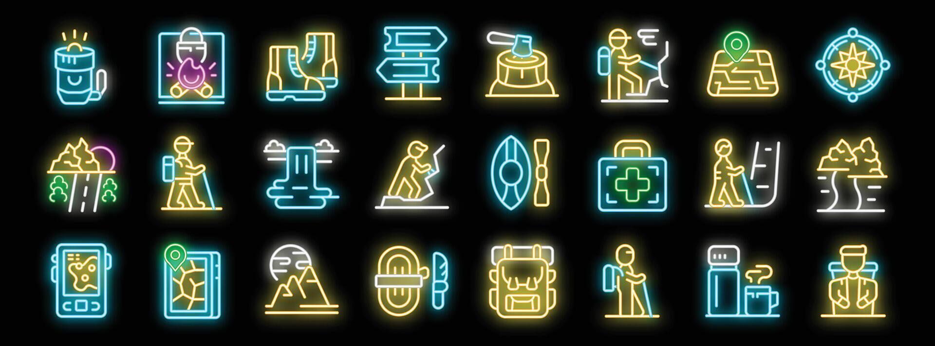 Hiking and trekking neon icon set, embracing outdoor adventures vector