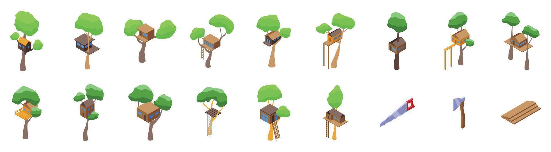 Treehouse icon set. Tree house icons showing different designs and building tools vector
