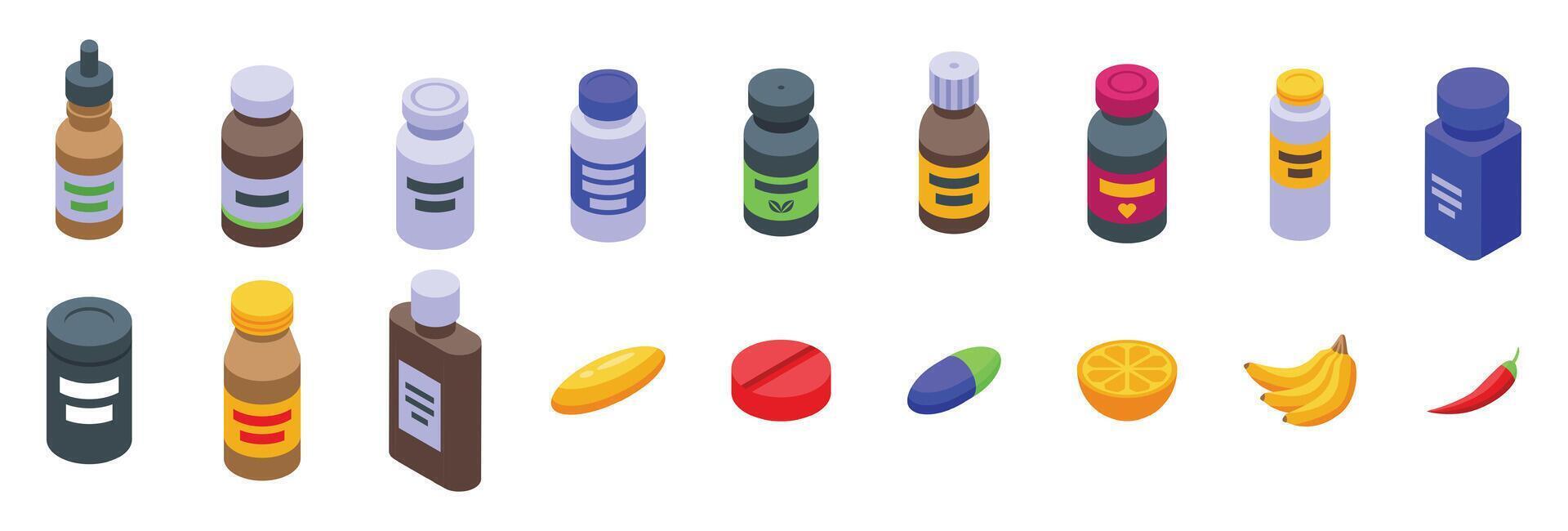 Bottle vitamin supplement icon set. Supplements providing essential nutrients for health and wellness vector