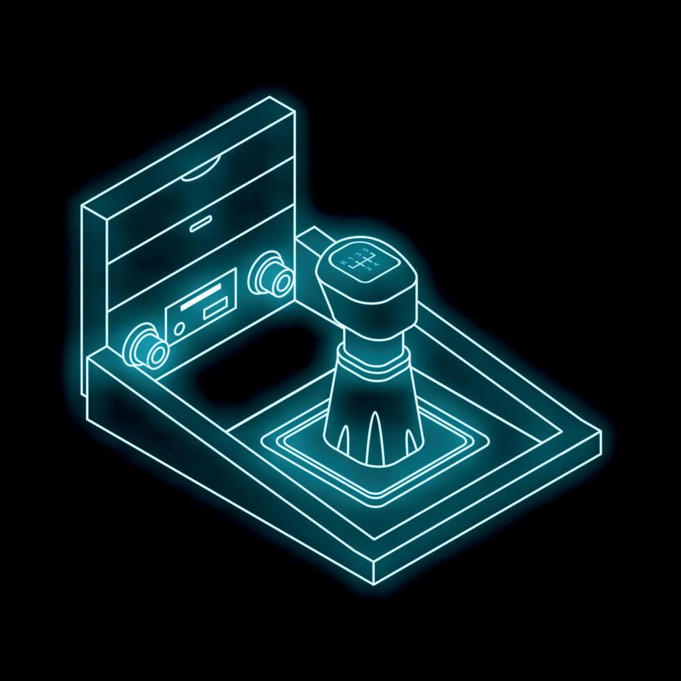Neon glowing car gear stick console shifting gears on black background vector