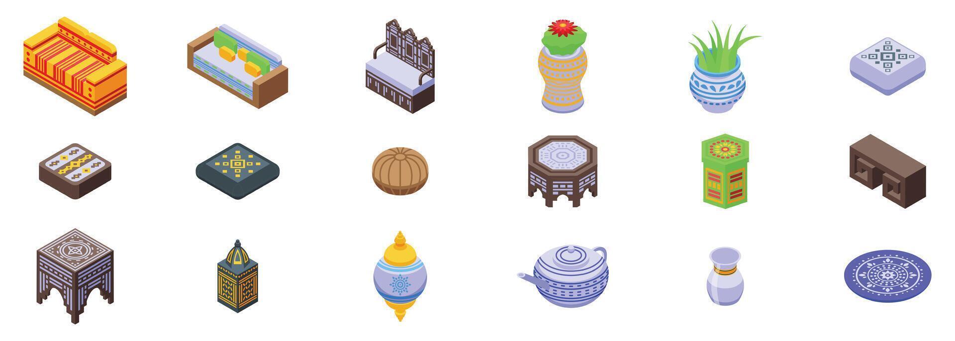Moroccan furniture icon set. Moroccan furniture and decor, isometric icons representing traditional moroccan style vector