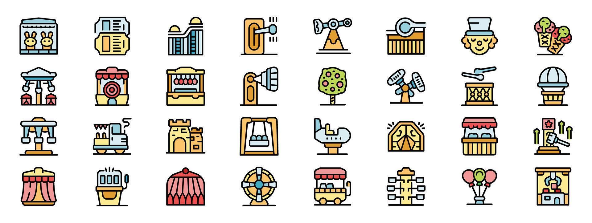 Amusement park icons showing rollercoasters, rides, and entertainment vector