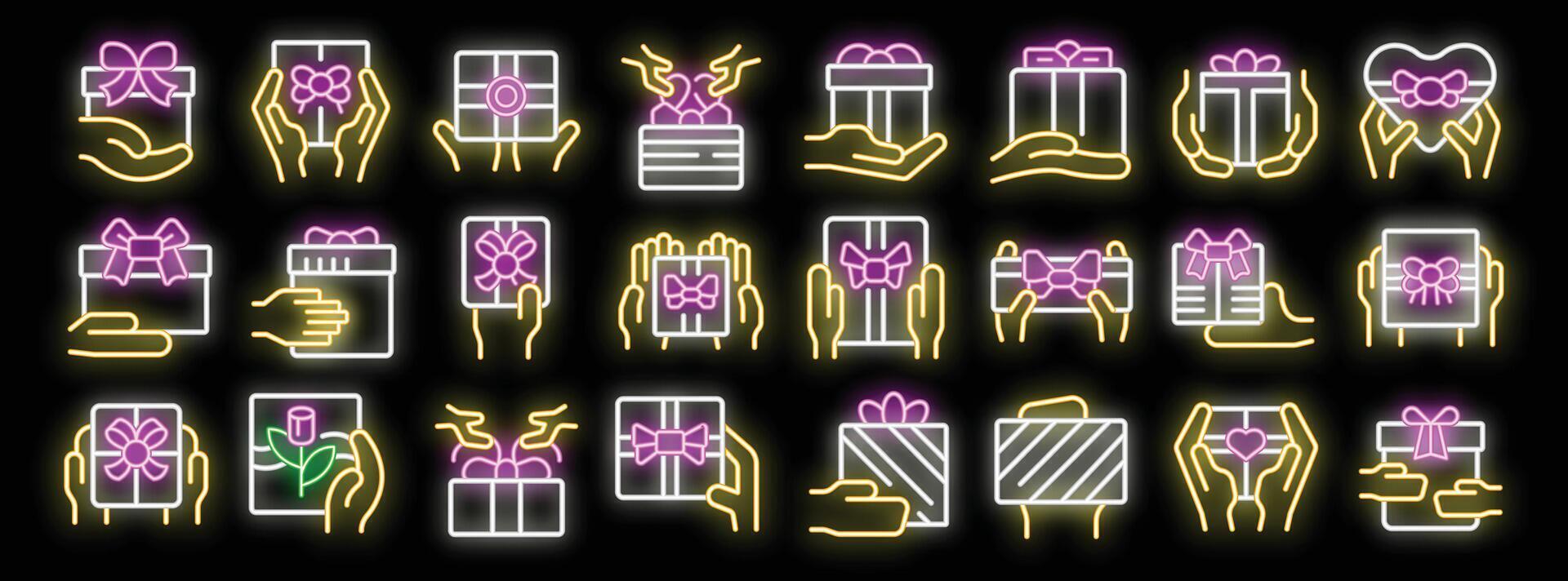 Hands holding gift boxes with ribbon and bow in neon style vector