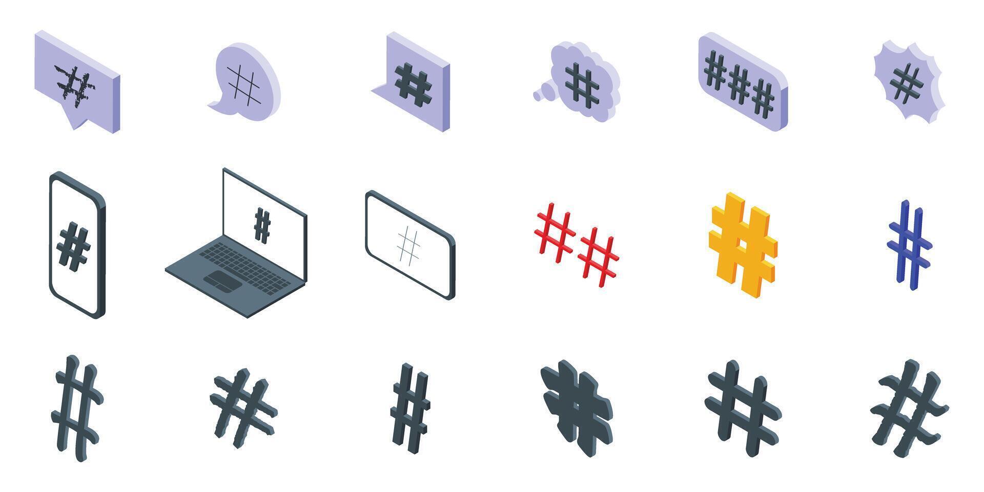 Hashtag symbol icon set. Hashtag icons showing social media trending topics and digital marketing vector