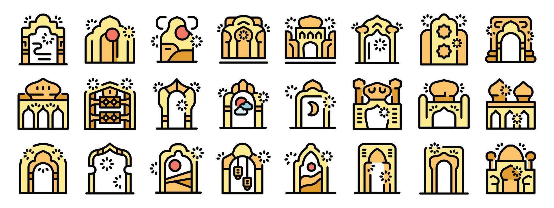 Arabic architecture icons showing mosques, arches, and traditional buildings vector