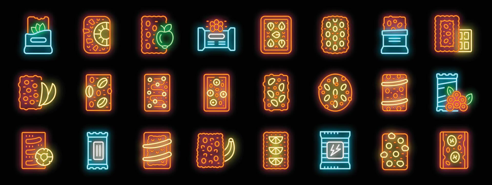 Neon icons of granola bars, muesli bars, protein bars and energy bars representing healthy snacks vector