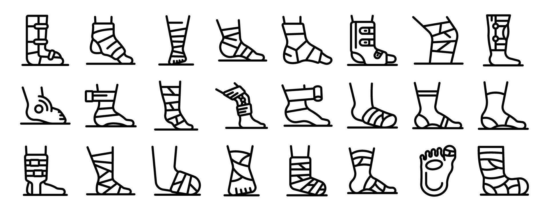 Foot bandage icon set. Injured feet and ankles requiring bandages, braces, and support vector