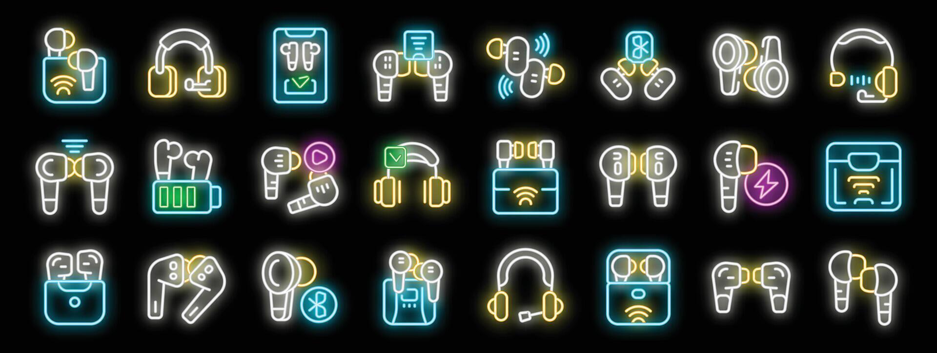 Wireless earbuds and headphones, neon icons illuminating modern audio technology vector