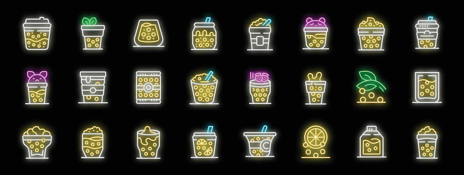 Neon boba tea icons, enjoying refreshing bubble tea in vibrant neon style vector