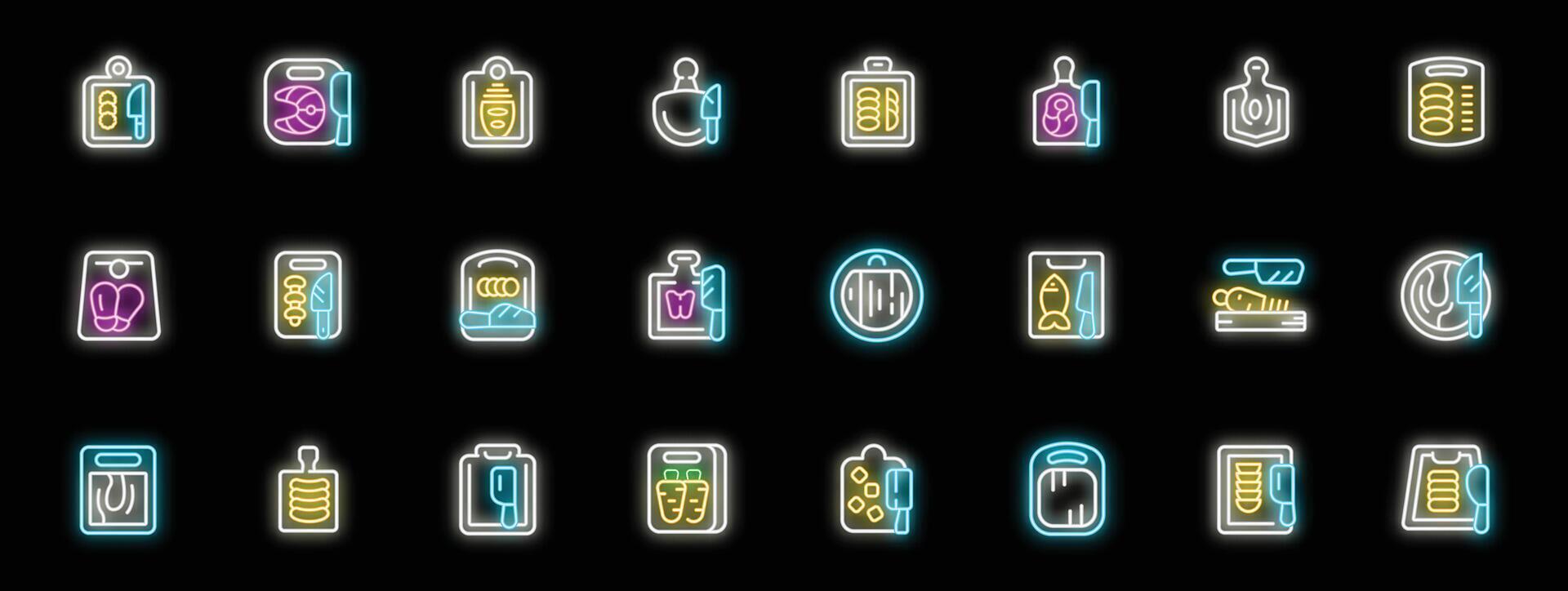 Cutting board neon icon set with knife and food, glowing brightly vector