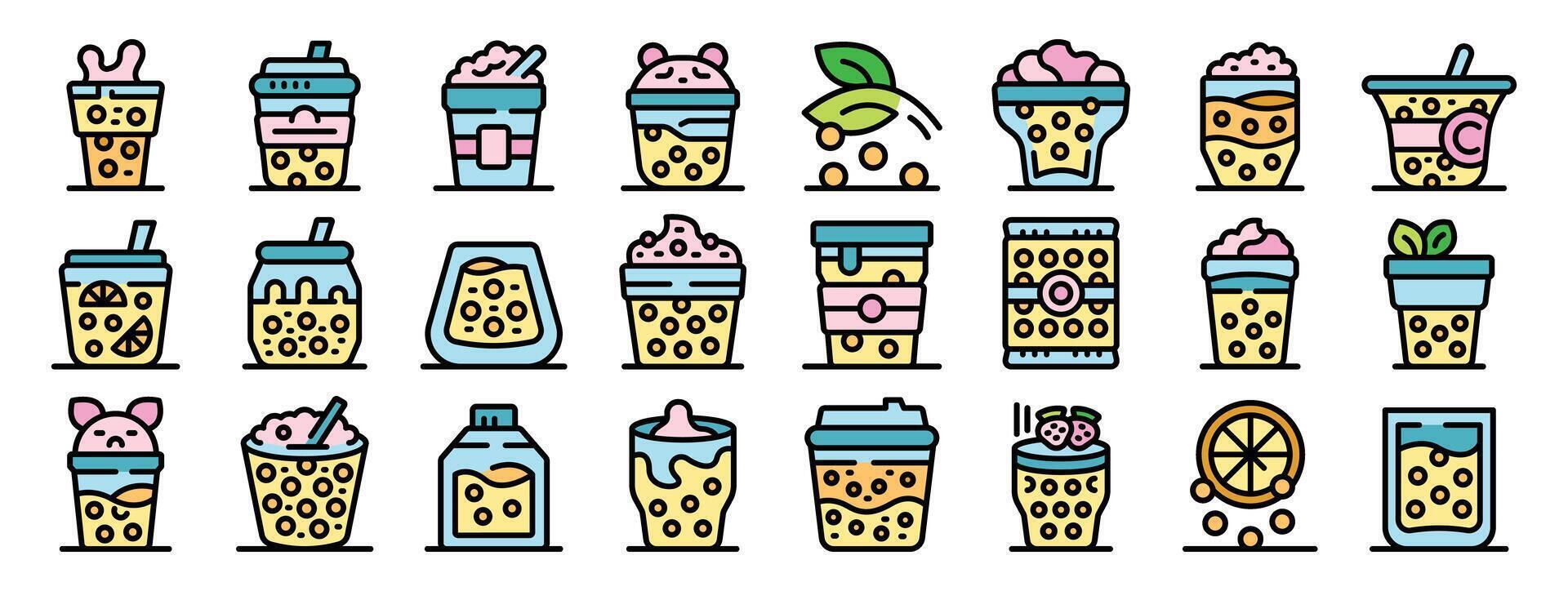 Bubble tea icons showing refreshing tapioca pearl drinks with whipped cream, fruits, and various toppings vector