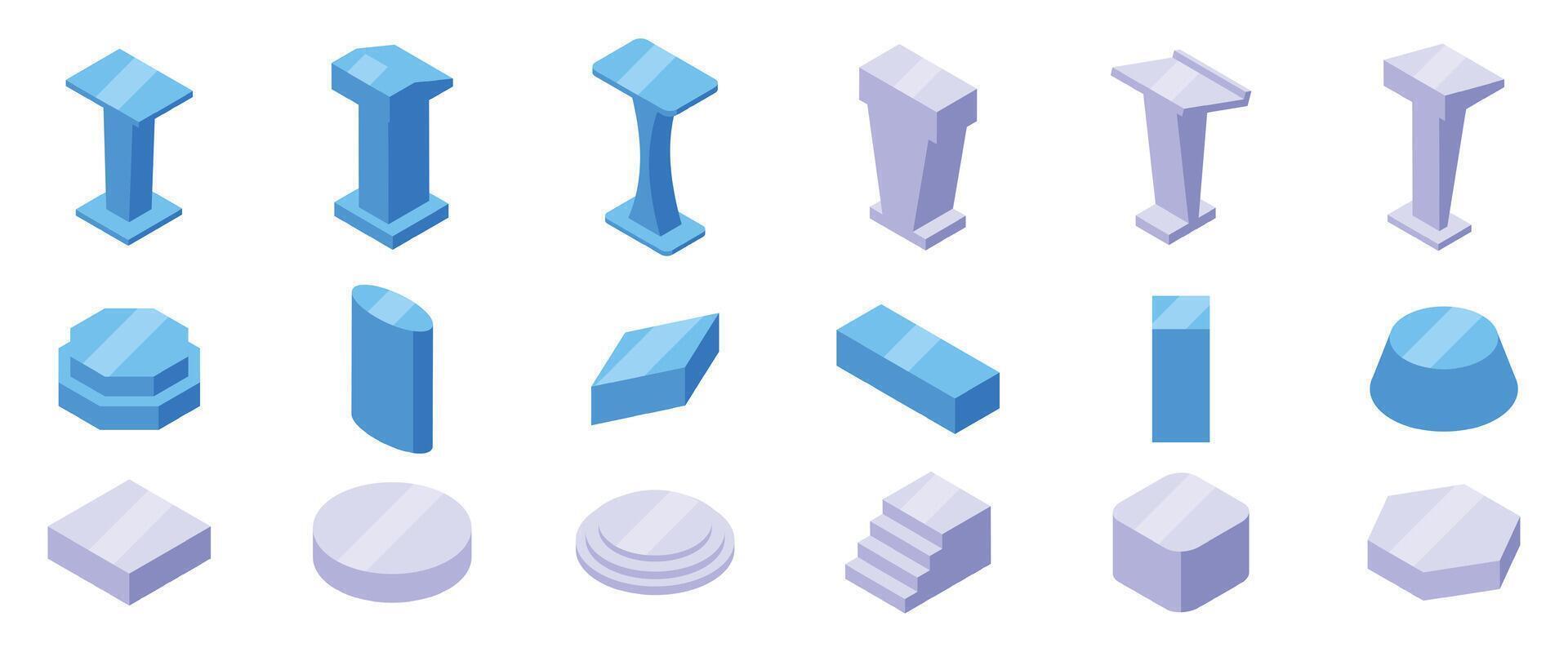 Glass podium icon set. Tribune icons set showing podiums for conference, presentation, or ceremony vector