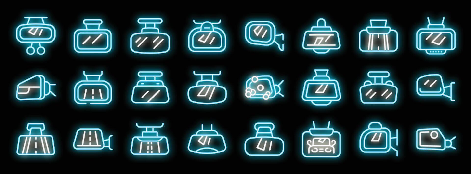 Car mirror reflecting road view in neon style icons vector